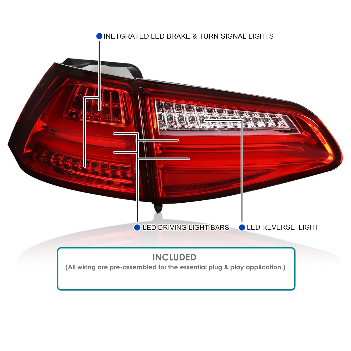 Red LED Bar Tail Lights SPEC-D TUNING Compatible with 2015-2017 Volkswagen Golf GTI Models, Left + Right Pair Assembly