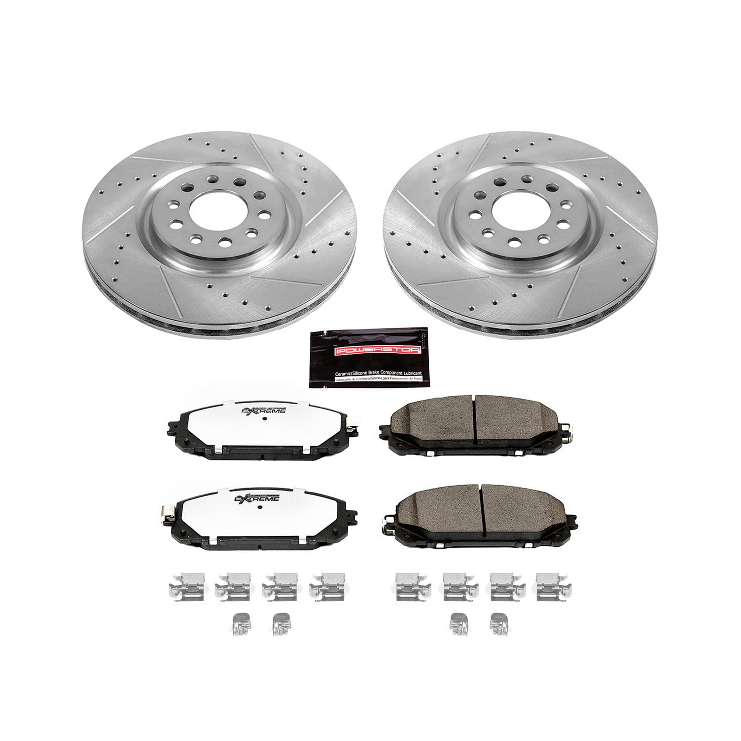 Front Brake Kit Power Stop For 2014 2015 Jeep Cherokee - Truck & Tow Carbon Fiber Ceramic Brake Pads & Drilled and Slotted Rotors Replacement, K6540-36
