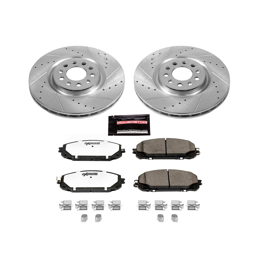 Front Brake Kit Power Stop For 2014 2015 Jeep Cherokee - Truck & Tow Carbon Fiber Ceramic Brake Pads & Drilled and Slotted Rotors Replacement, K6540-36