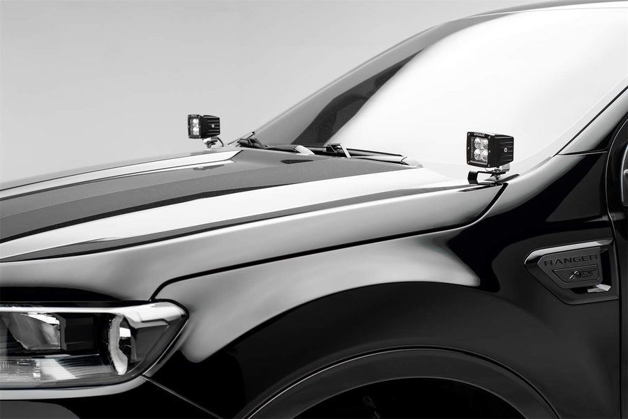 ZROADZ LED Mounting Bracket Ditch Hood Hinge - Compatible w/ 2019-2021 Ford Ranger - to Mount (2) 3 Inch LED Pod Lights - Mild Steel Gloss Black - Bolt-On Easy Installation - PN #Z365821