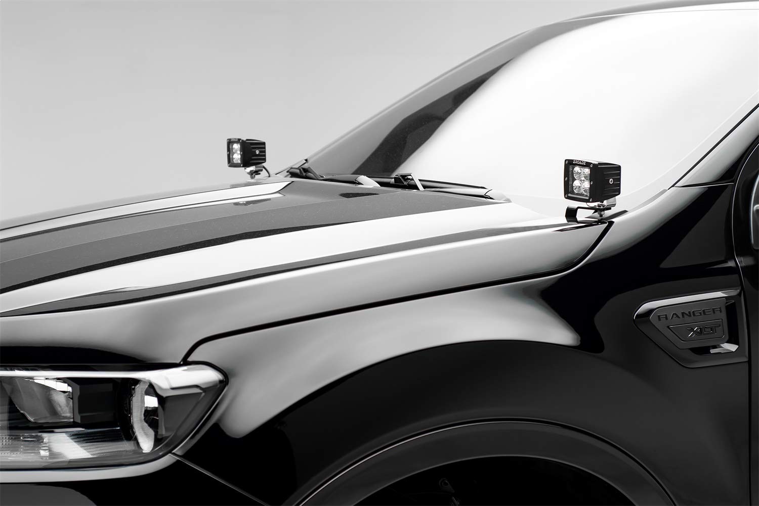 ZROADZ LED Kit Ditch Hood Hinge - Compatible w/ 2019-2021 Ford Ranger - Incl. (2) 3 Inch LED Pod Lights - Mild Steel Gloss Black Finish - Bolt-On Easy Installation - PN #Z365821-KIT2