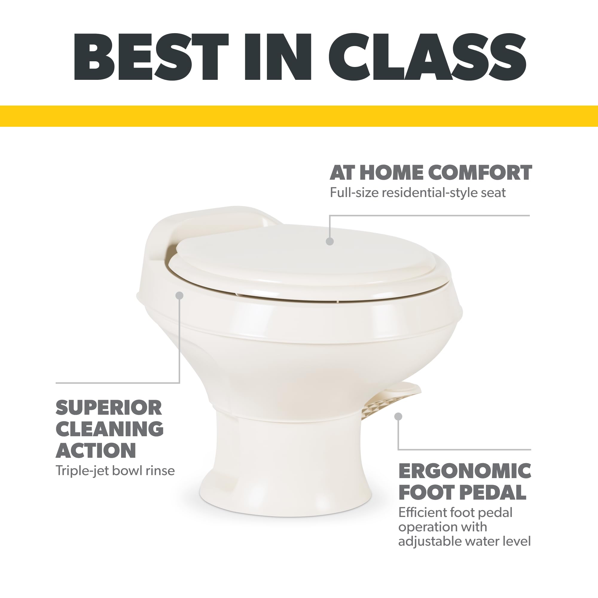 Gravity Flush Toilet Dometic 311 | Bone | Low Profile | Slow-Close Seat | Power Flush, Foot Pedal Flush Operation | 13.5" Seat Height for Compact Areas