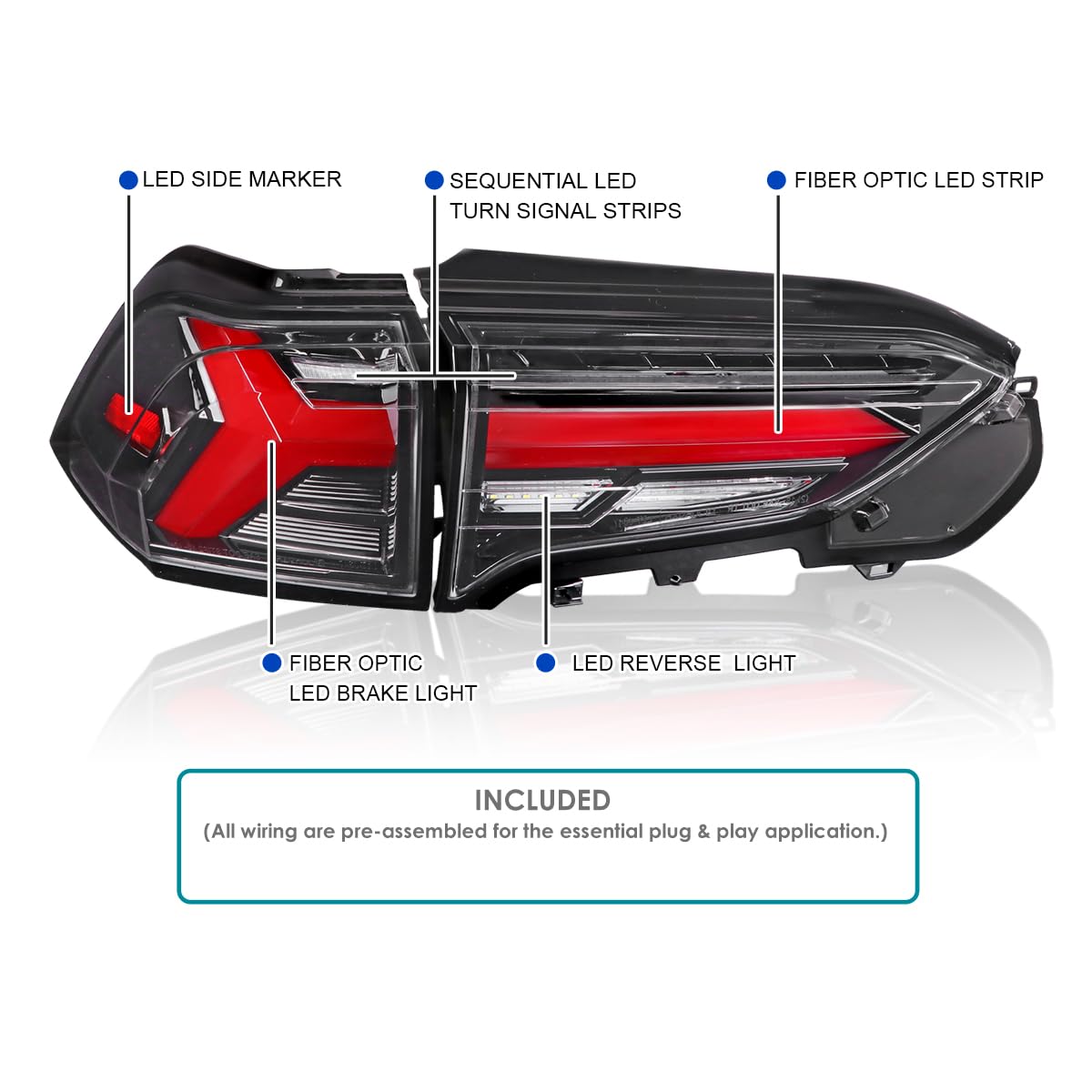 LED Sequential Tail Lights SPEC-D TUNING Glossy Black w/Red Bar Compatible with 2019-2023 Toyota RAV4, Left + Right Pair Assembly