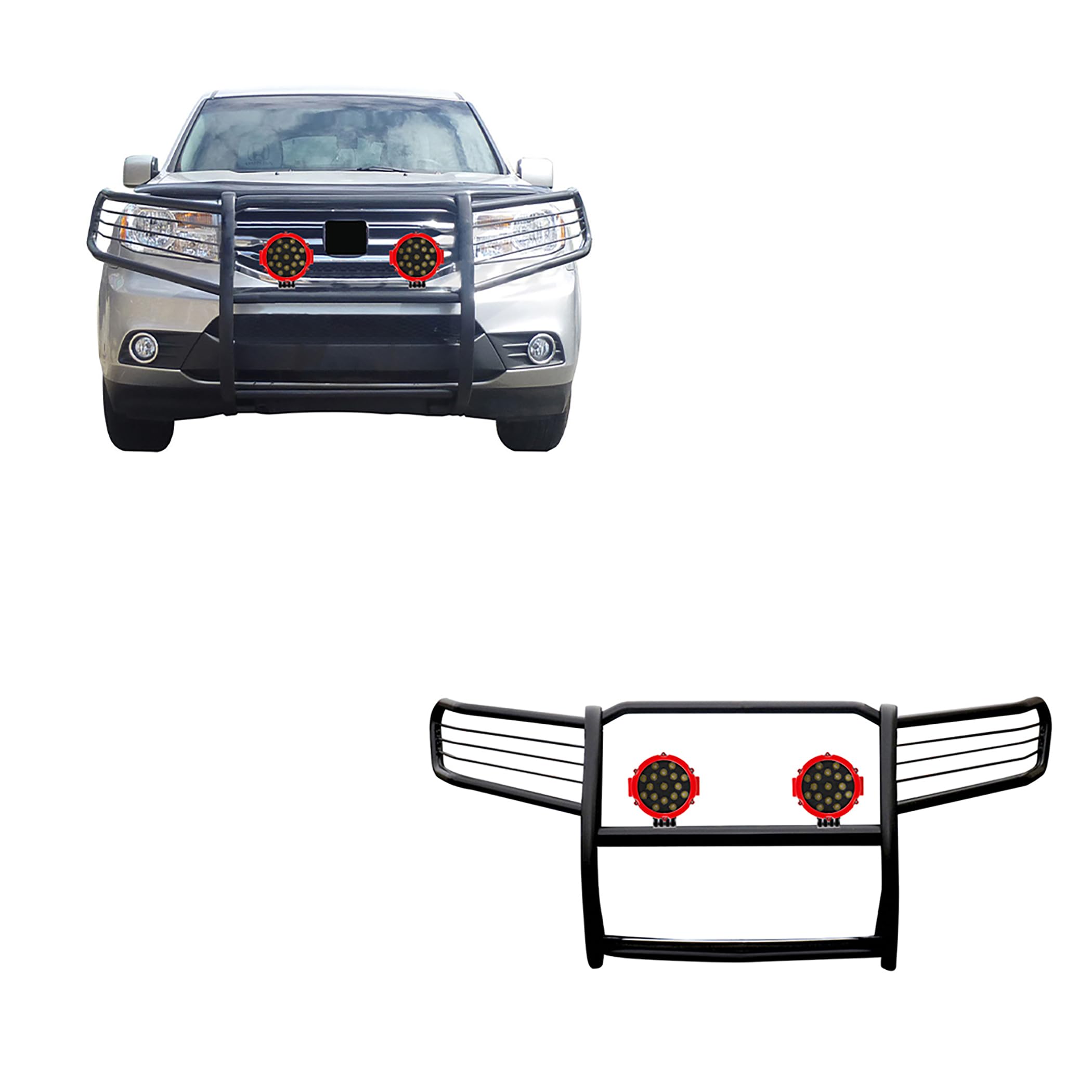 Bumper Guard Modular Black Black Horse Grille brush Come With pair of 7.0"Dia.LED Lights with Red Trim Rings Compatible with 2016-2022 Honda Pilot-17H151402MA-PLR