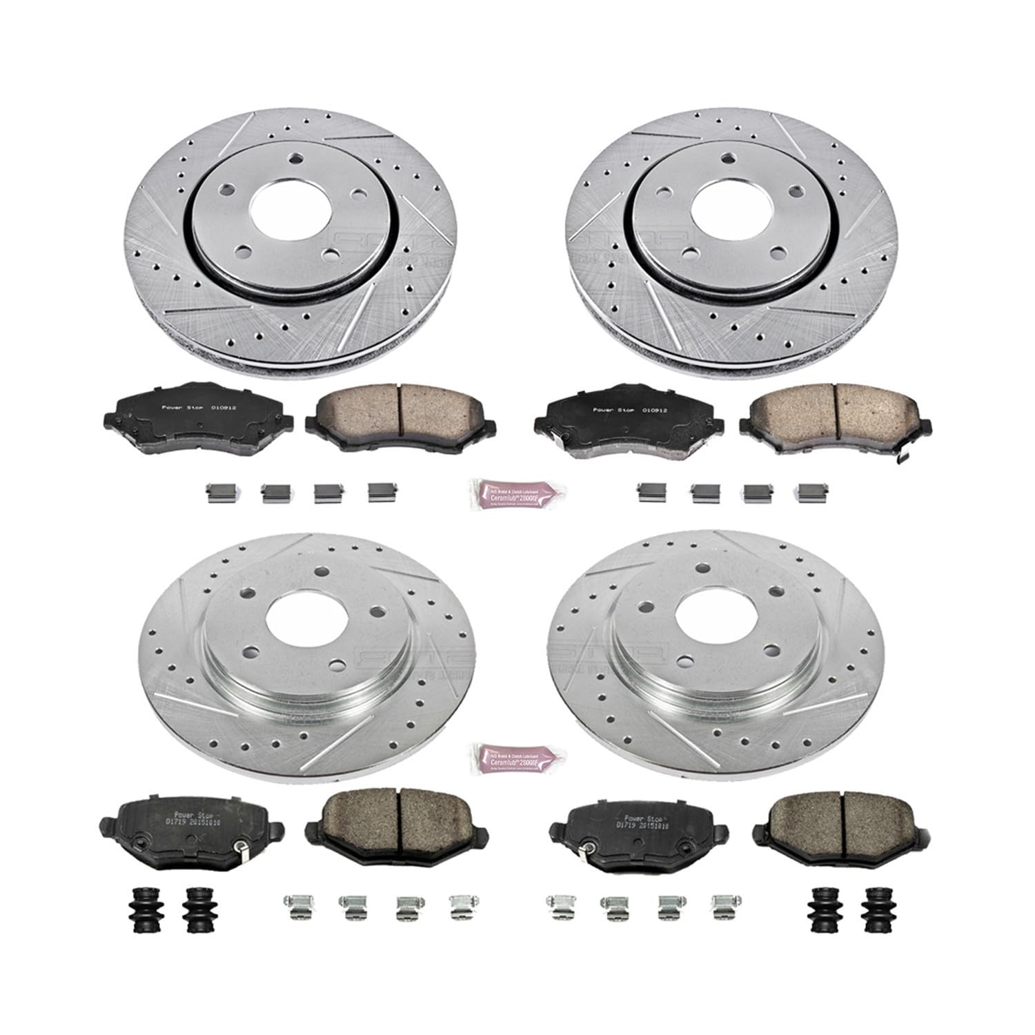 Power Stop K6563 Z23 Carbon Fiber Brake Pads Front and Rear with Drilled & Slotted Brake Rotors Kit For Chrysler Town & Country, Dodge Grand Caravan, Dodge Jour, Ram C/V, VW Routan [Model Specific]