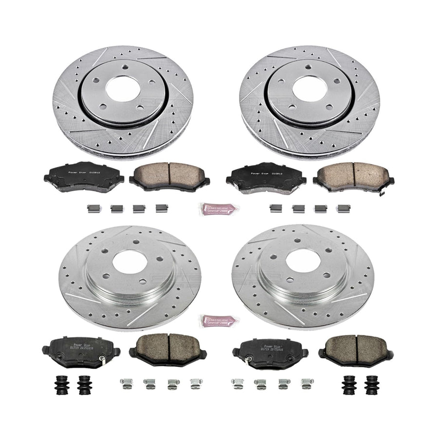 Power Stop K6563 Z23 Carbon Fiber Brake Pads Front and Rear with Drilled & Slotted Brake Rotors Kit For Chrysler Town & Country, Dodge Grand Caravan, Dodge Jour, Ram C/V, VW Routan [Model Specific]
