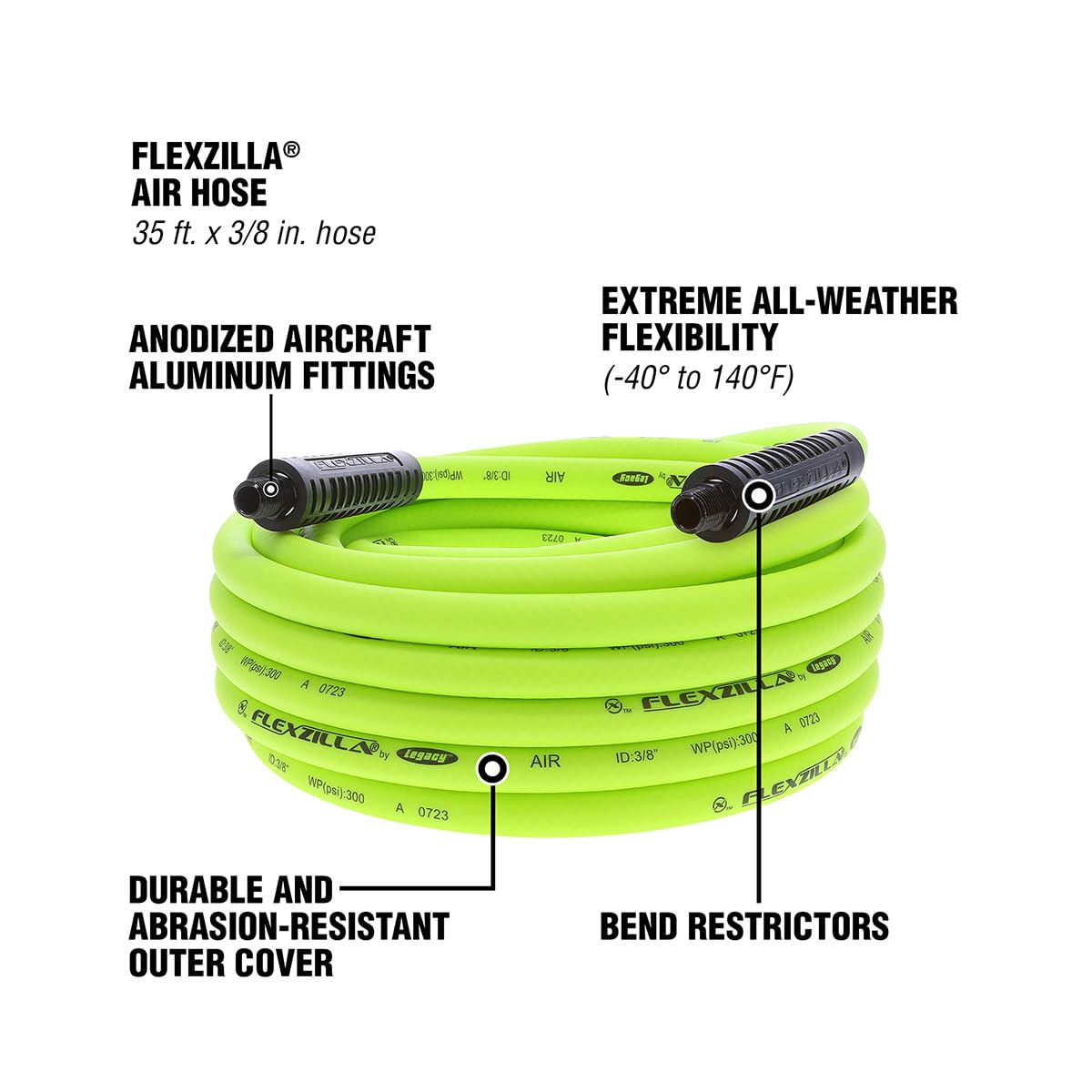 Air Hose Flexzilla, 3/8 in. x 35 ft., 1/4 in. MNPT Fittings, Heavy Duty, Lightweight, Hybrid, ZillaGreen - HFZ3835YW2