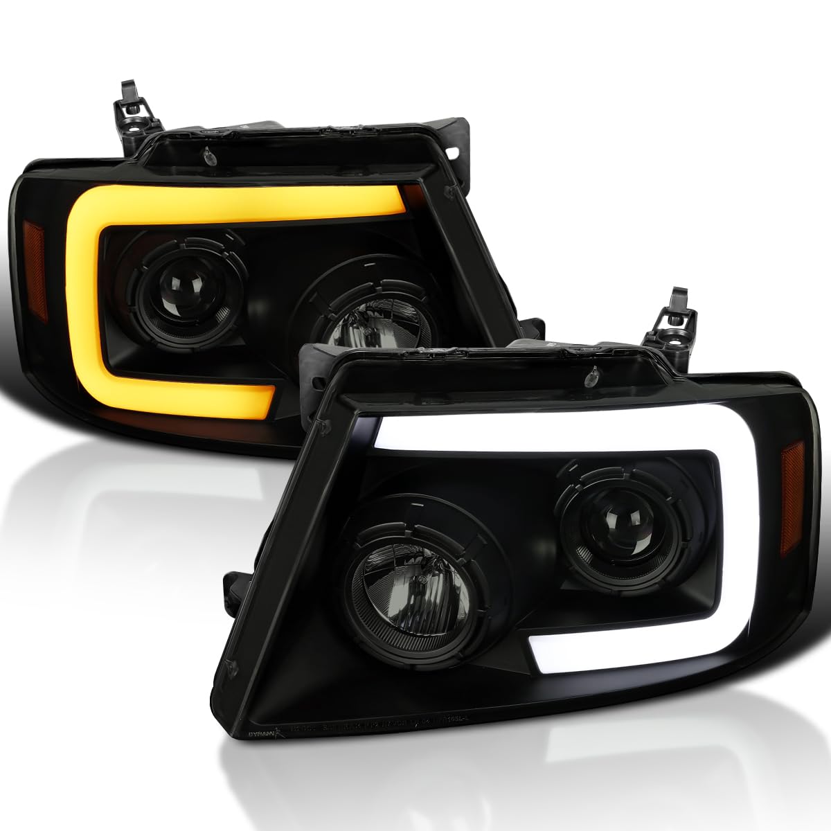 Black Smoke SPEC-D TUNING Projector Headlights w/Switchback Sequential Signal LED Tube Compatible with 2004-2008 Ford F150 2006-2008 Lincoln Mark LT, Left + Right Pair Headlamps Assembly