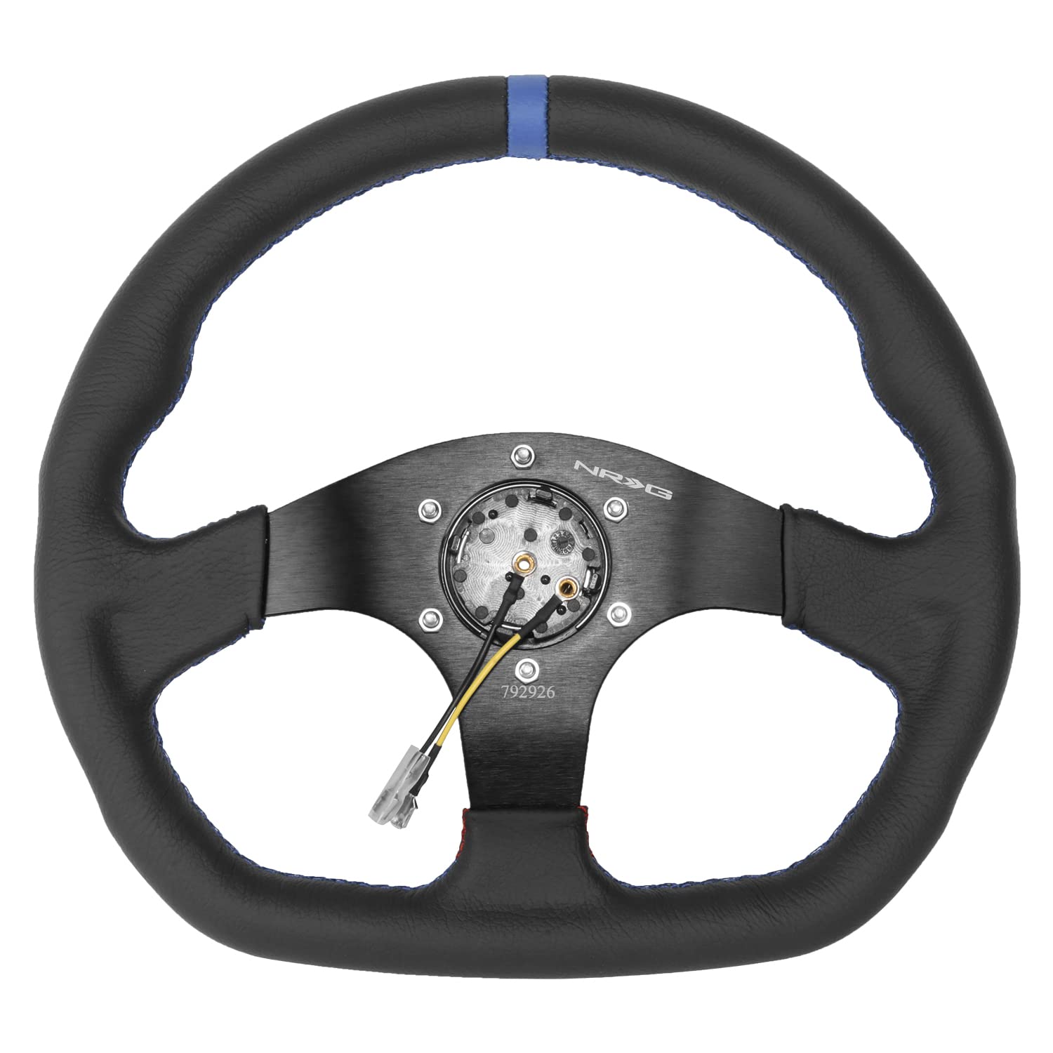 NRG Innovations Reinforced NRG-RST-024MB-R-BL Steering Wheel 320mm Sport Leather Flat Bottom with Blue Center Mark, Blue Stitching