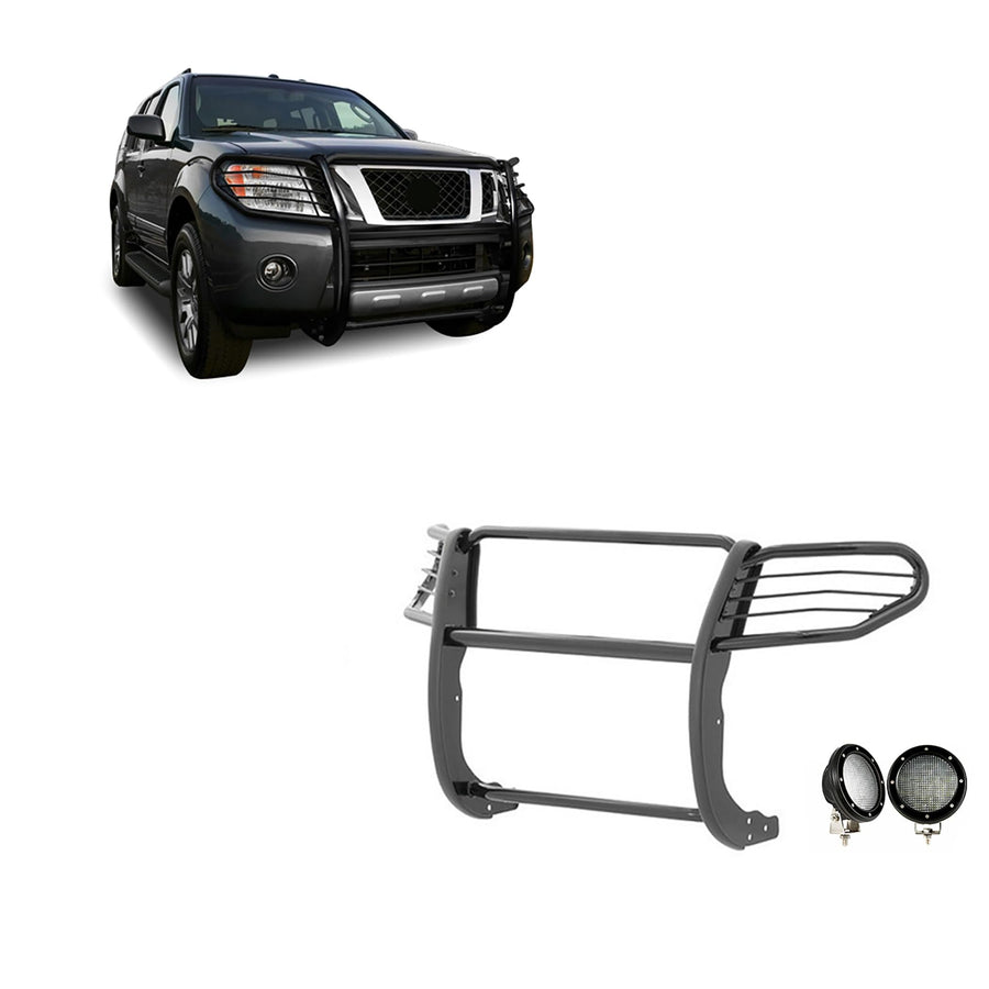 Bumper Guard Black Horse Grille Brush Modular Black Come with Pair of 5.3" Dia.LED Lights with Black Trim Rings Compatible with 2005-2021 Nissan Frontier|2005-2007 Nissan Pathfinder-17A110200MA-PLFB