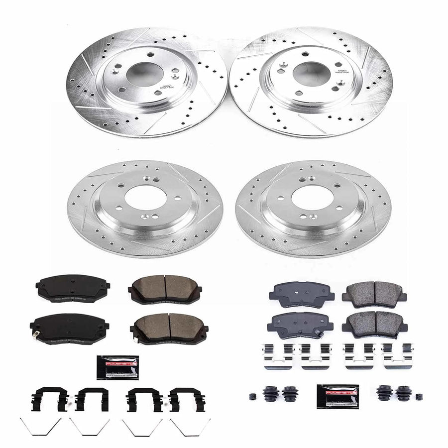 Power Stop K8284 Z23 Carbon Fiber Brake Pads Front and Rear with Drilled & Slotted Brake Rotors Kit For Hyundai Elantra GT 2018-2020, Kia Forte 2022 [Model Specific]