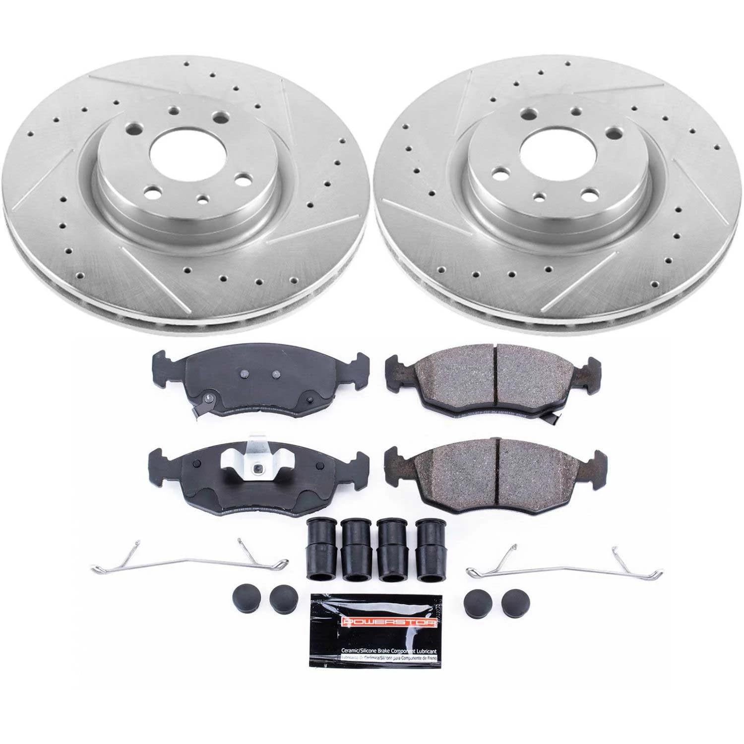 Power Stop K7168 Z23 Carbon Fiber Brake Pads with Drilled & Slotted Brake Rotors Kit For Fiat 500 2013-2019 [Model Specific]