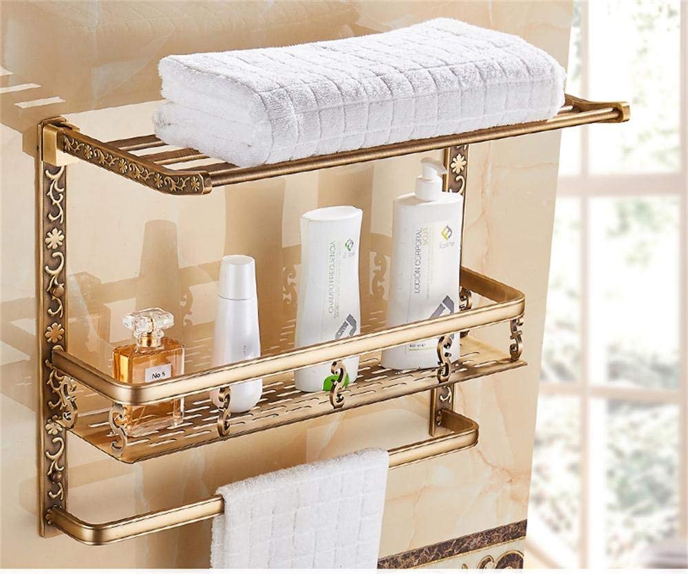 Space Aluminum BTBT Antique Folding 2tier Bathroom Shelves With Towel Rack,Basket Rack Bathroom Organizer, WallMounted Bathroom Shelf (Size : 50cm)