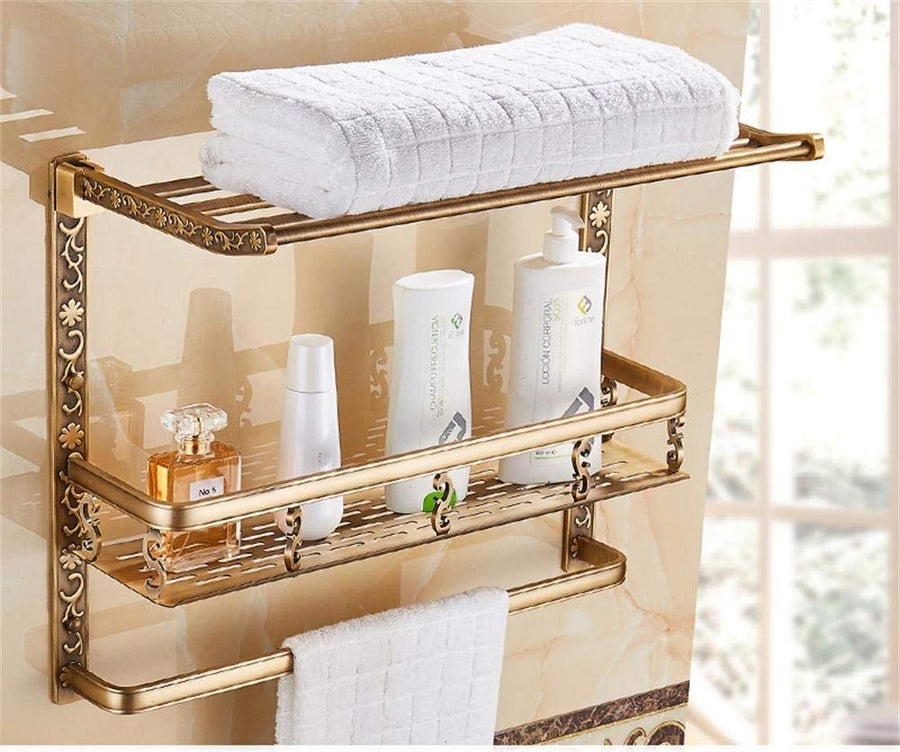 Space Aluminum BTBT Antique Folding 2tier Bathroom Shelves With Towel Rack,Basket Rack Bathroom Organizer, WallMounted Bathroom Shelf (Size : 50cm)