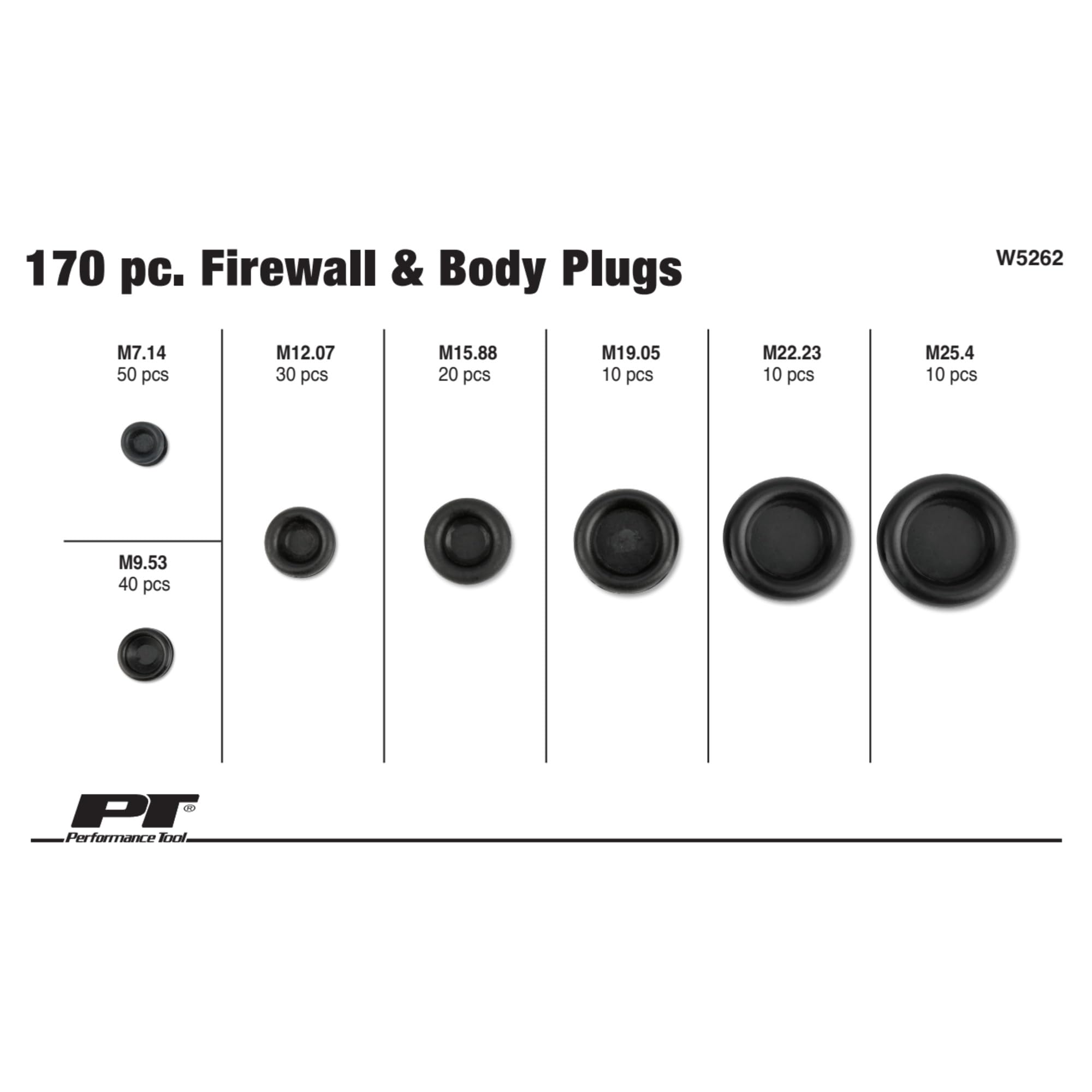 W5262 Performance Tool 170pc Rubber Grommet Assortment Kit in Divided Organizer Case for Firewall and Body Use