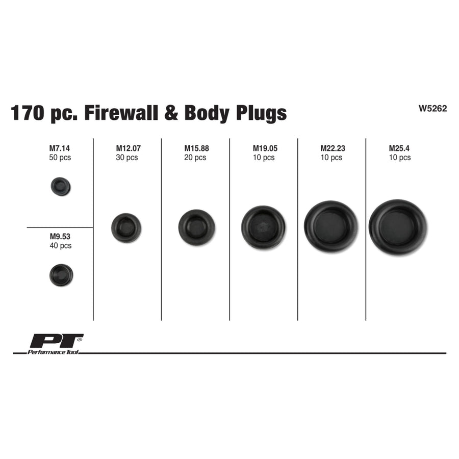 W5262 Performance Tool 170pc Rubber Grommet Assortment Kit in Divided Organizer Case for Firewall and Body Use