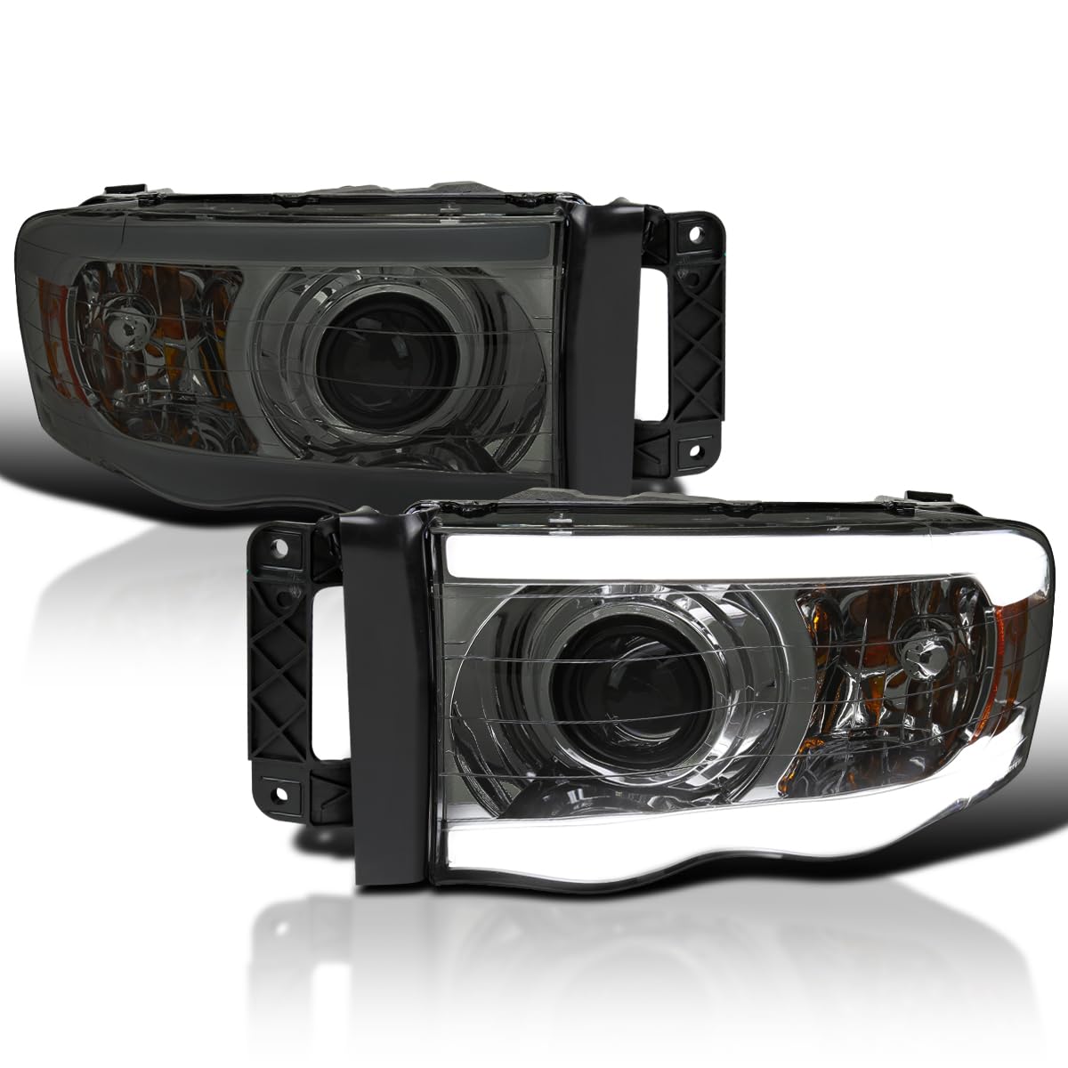 Smoke LED Tube Projector Headlights Spec-D Tuning Compatible with 2002-2005 Dodge Ram 1500, 2003-2005 Dodge Ram 2500/3500, Left + Right Pair Headlamp Assembly