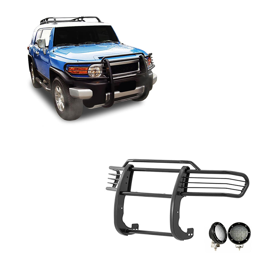 Grille Brush Black Horse Bumper Guard Modular Black Come with Pair of 5.3" Dia.LED Lights with Black Trim Rings Compatible with 2007-2014 Toyota FJ Cruiser-17A098600MA-PLFB