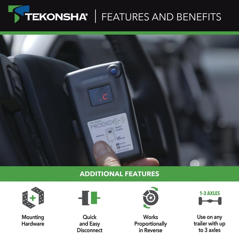 Tekonsha Prodigy RF Plug & Play Trailer Mounted Proportional Brake Controller for Trailers with 1-3 Axles, Brake Controller Wiring Harness Sold Separately.