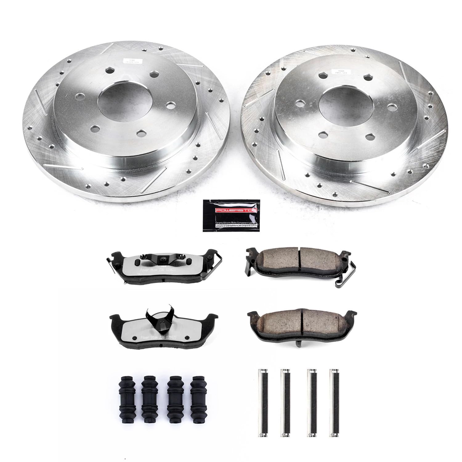 Rear Brake Kit Power Stop For 2004 2005 2006 2007 2008 2009 2010 Infiniti QX56 - Truck & Tow Carbon Fiber Ceramic Brake Pads & Drilled and Slotted Rotors Replacement, K2445-36
