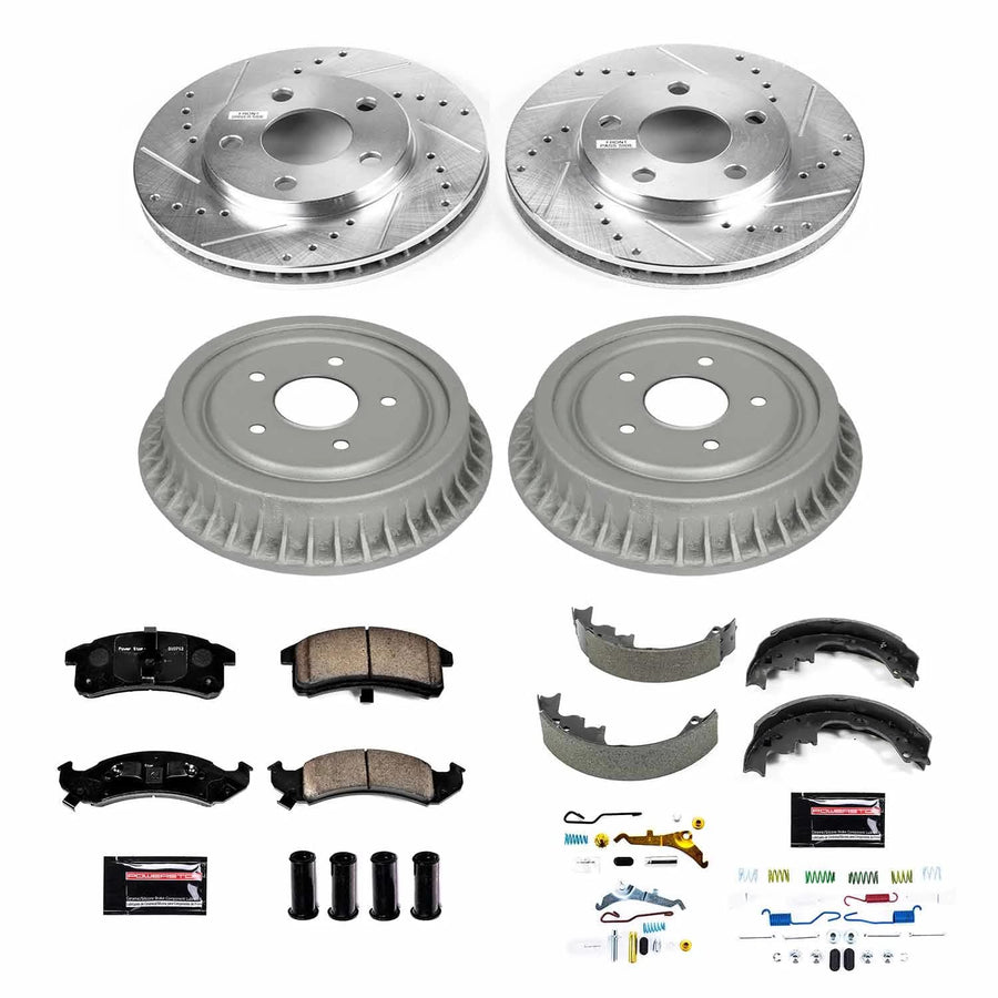 Power Stop K15441DK Z23 Carbon Fiber Brake Pads Front and Rear with Drilled & Slotted Brake Drums Kit For Chevrolet Camaro 1994-1997, Pontiac Firebird 1994-1997 [Model Specific]