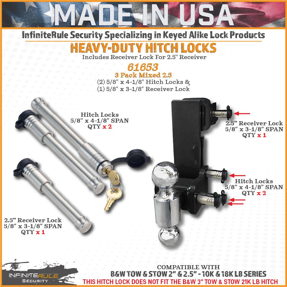 Security InfiniteRule 61653 | 3 Pack Mixed 2.5, Keyed Alike, Hitch Locks for B&W 2" & 2.5" Tow and Stow 10K LB & 18K LB - Includes Lock for 2.5" Receiver