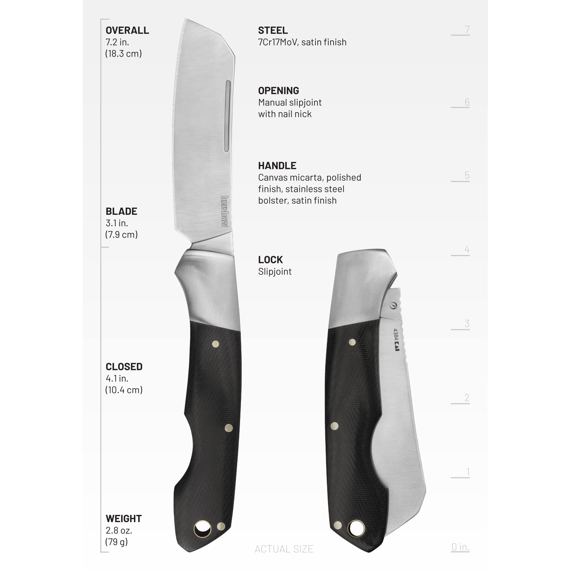 Kershaw Manual Folding Pocket Knife Parley with Cleaver Style Blade, Slipjoint Design with Nail Nick, 3.1 inch Blade and Micarta Handle, Black