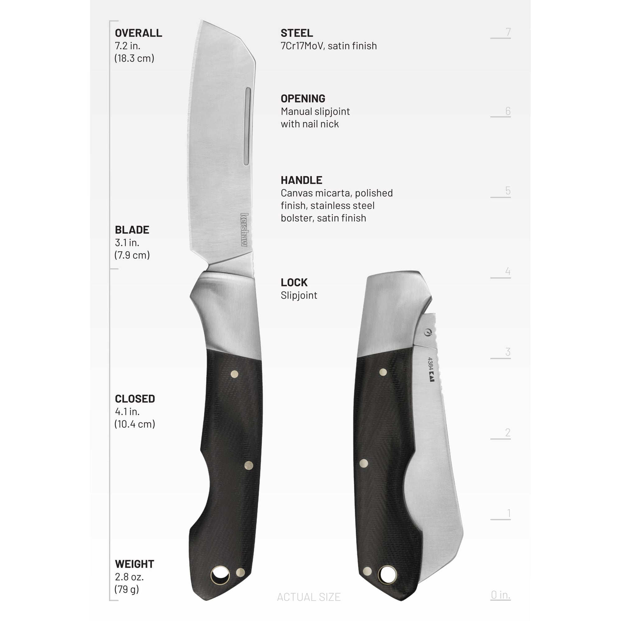 Kershaw Manual Folding Pocket Knife Parley with Cleaver Style Blade, Slipjoint Design with Nail Nick, 3.1 inch Blade and Micarta Handle, Black