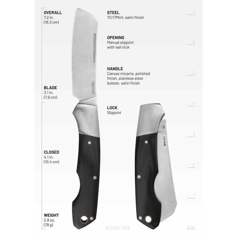 Kershaw Manual Folding Pocket Knife Parley with Cleaver Style Blade, Slipjoint Design with Nail Nick, 3.1 inch Blade and Micarta Handle, Black