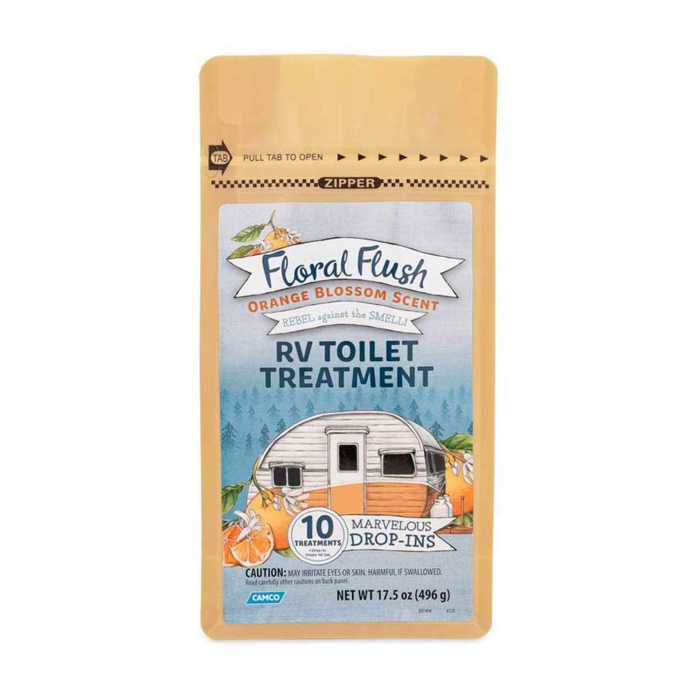 Floral Flush Camco RV Toilet Treatment Drop-INs | Septic Safe and Biodegradable | 10 Drop-INs, Orange Blossom Scent (41491)