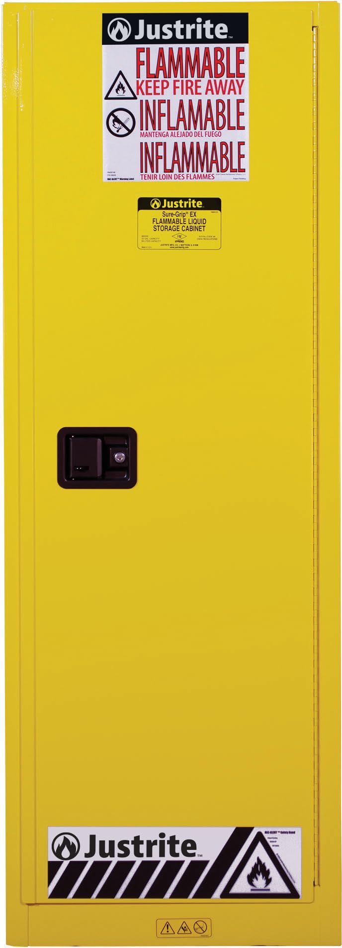 Justrite 22 Gallon Slimline Self Close Flammable Storage Cabinet, 18 Gauge Steel, 3 Shelves, 2 Door Fire Cabinet, 65" x 23" x 18", Made in The USA, Yellow, 892220
