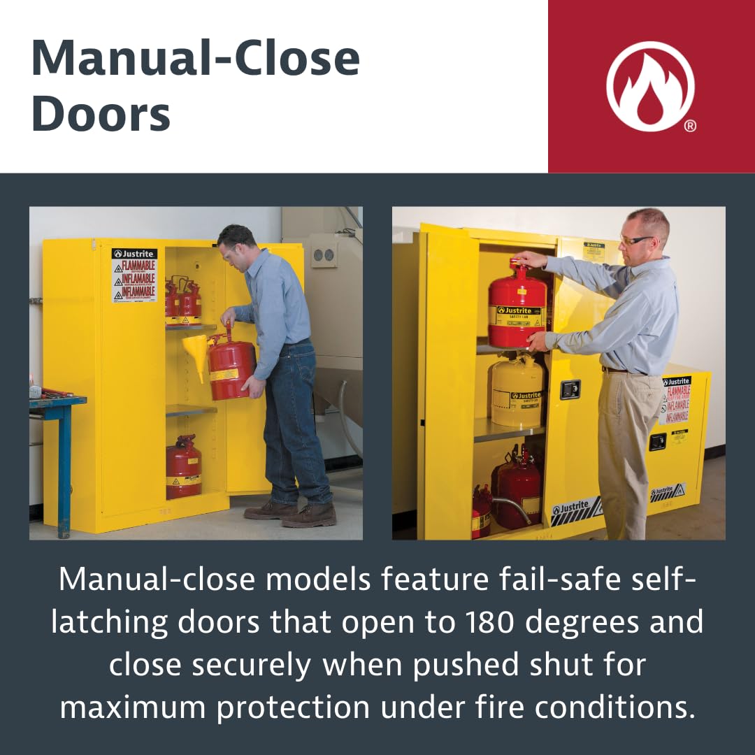 Justrite 90 Gallon Flammable Storage Cabinet Manual Close, 18 Gauge Steel, 2 Shelves, 2 Door Fire Cabinet, 65" x 43" x 34", Made in The USA, Yellow, 899000