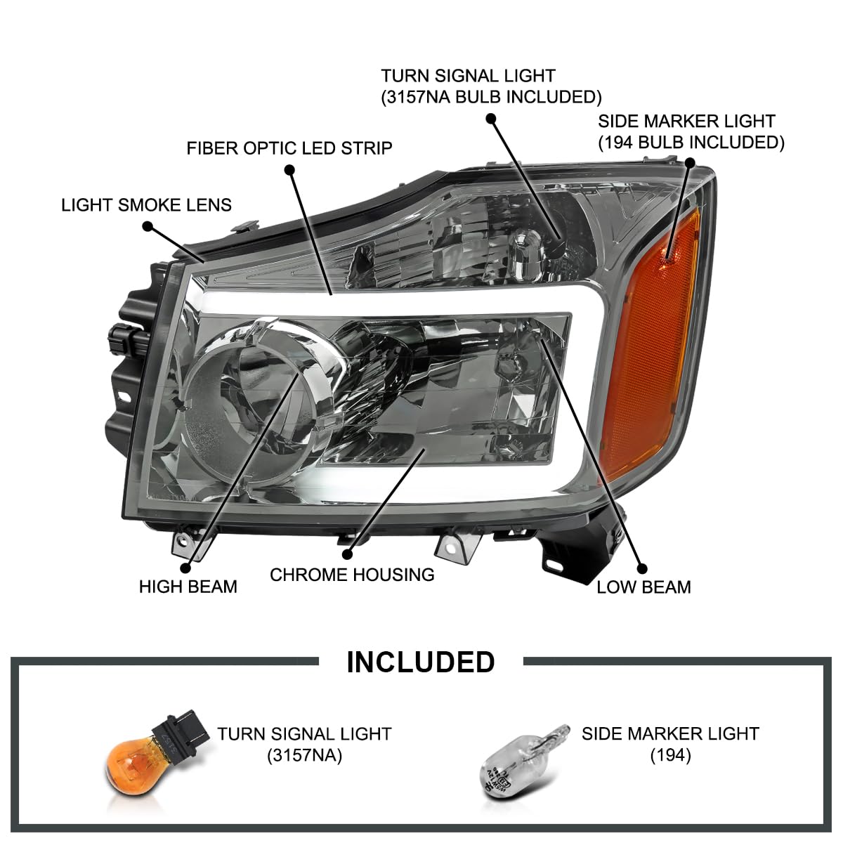 Light Smoke Spec-D Tuning Headlights w/LED Light Bar Compatible with 2004-2015 Nissan Titan, 2004-2007 Armada, Left + Right Pair Headlamp Assembly