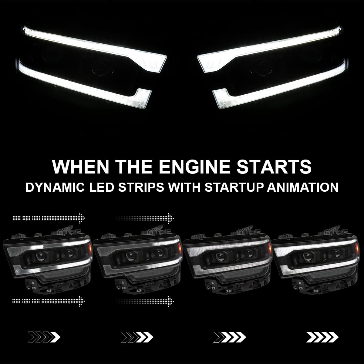 Dual Projector Headlights SPEC-D TUNING Black w/Sequential LED Turn Signal and Startup Animation Compatible with 2019-2024 Dodge Ram 2500, 3500, 4500, Left + Right Pair Headlamps Assembly