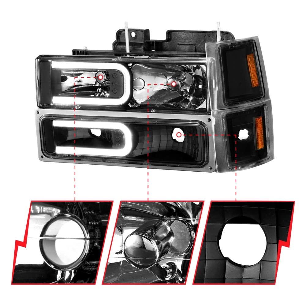 88-98 Chevrolet C1500 ANZO Crystal Headlights w/Light Bar Black Housing w/Signal Side Markers 8Pcs