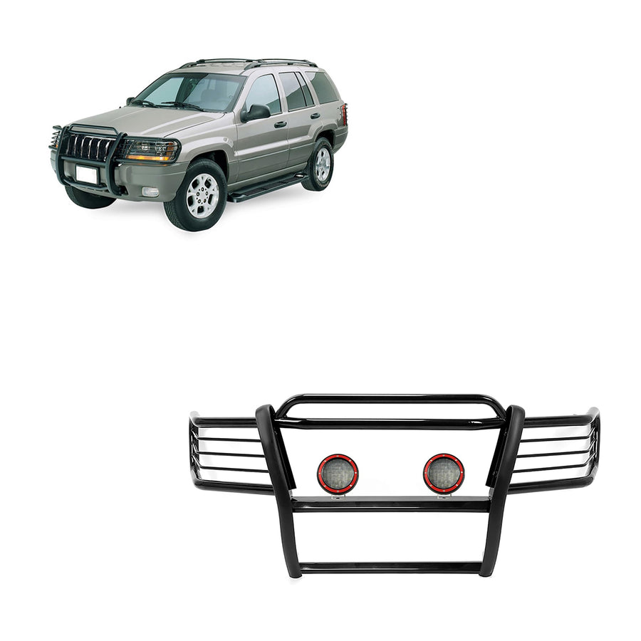 Bumper Guard Black Horse Grille Brush Modular Black Come with Pair of 5.3" Dia.LED Lights with Red Trim Rings Compatible with 1999-2004 Jeep Grand Cherokee-17EB26MA-PLFR