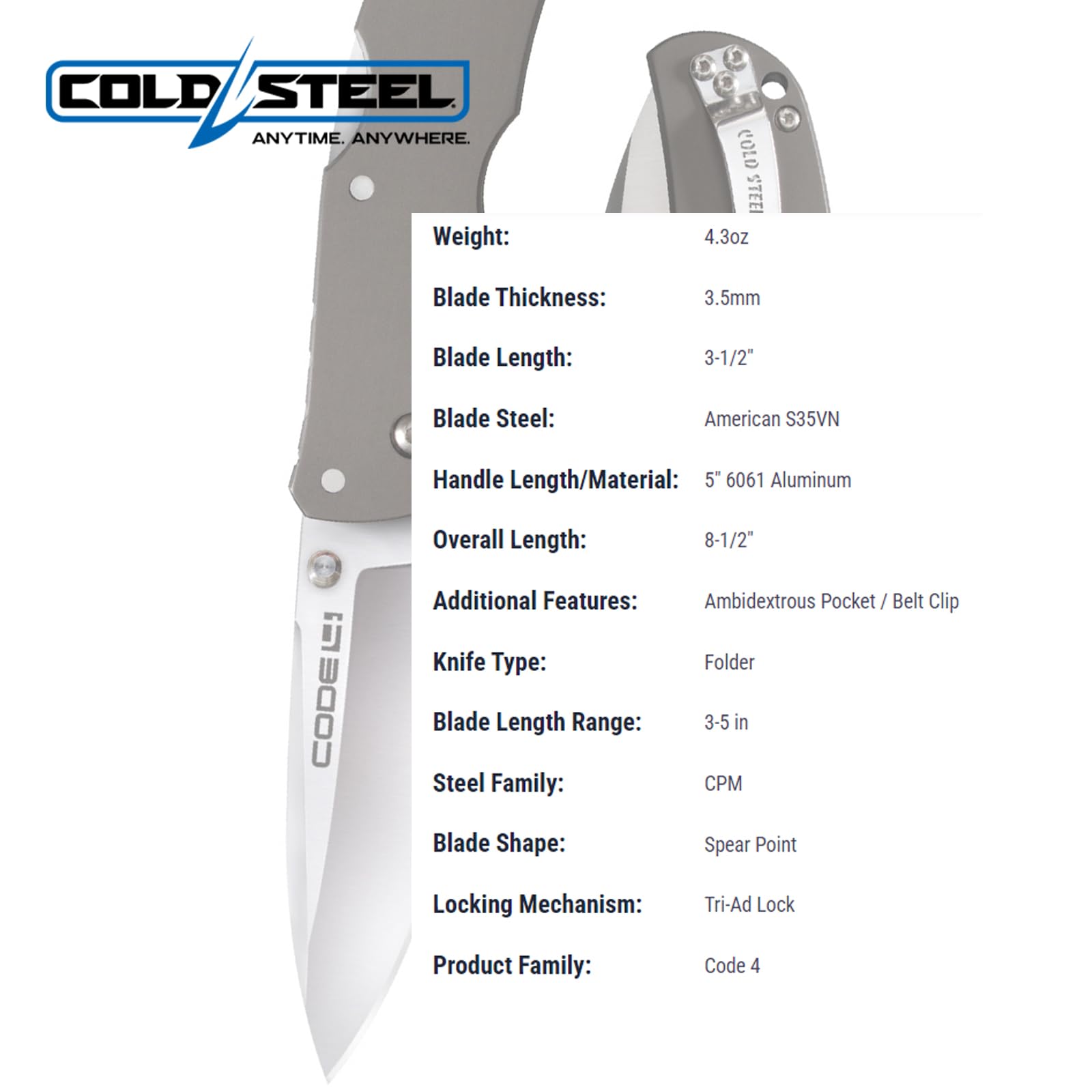 Cold Steel 3.5" Code 4 S35VN Razor-Sharp Spear Point Blade 5" Aluminum Handle Folding Knife w/Tri-Ad Lock, Boxed