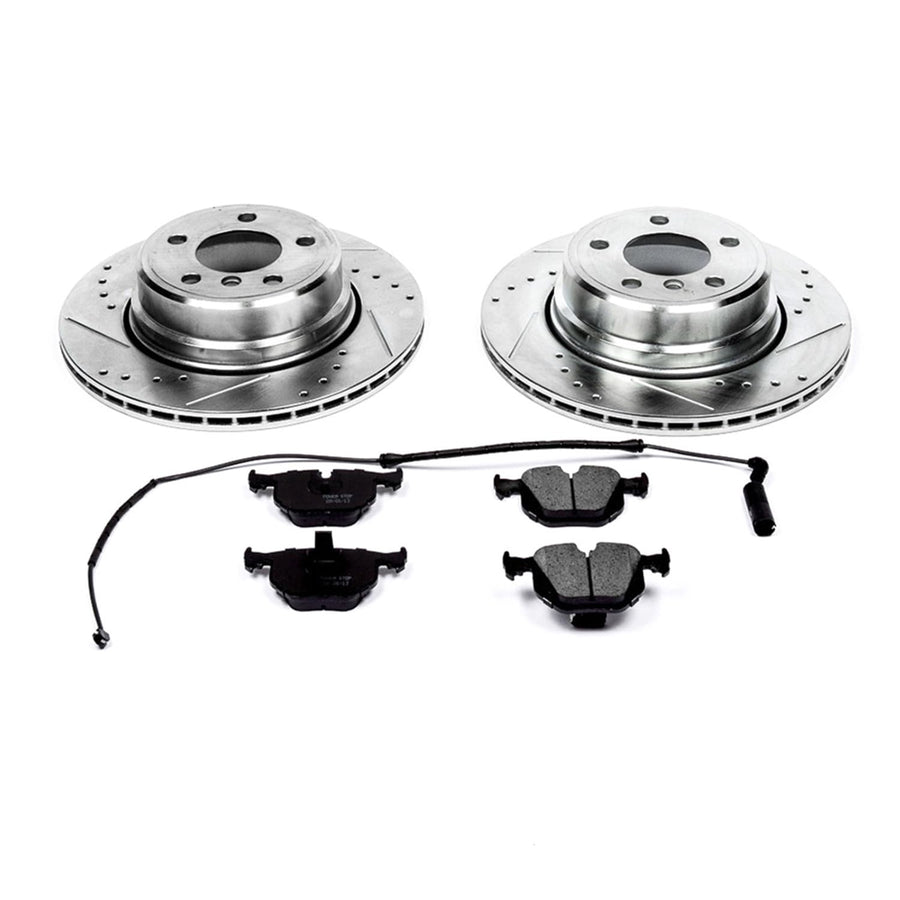 Power Stop K5734 Z23 Carbon Fiber Brake Pads Rear with Drilled & Slotted Brake Rotors Kit and 1 Rear Sensor Wire For BMW X5 2002-2006 [Model Specific]
