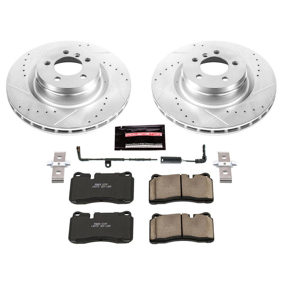 Power Stop K5424 Z23 Carbon Fiber Brake Pads Front with Drilled & Slotted Brake Rotors Kit and 1 Front Sensor Wire For Land Rover Range Rover 2006-2009 [Model Specific]