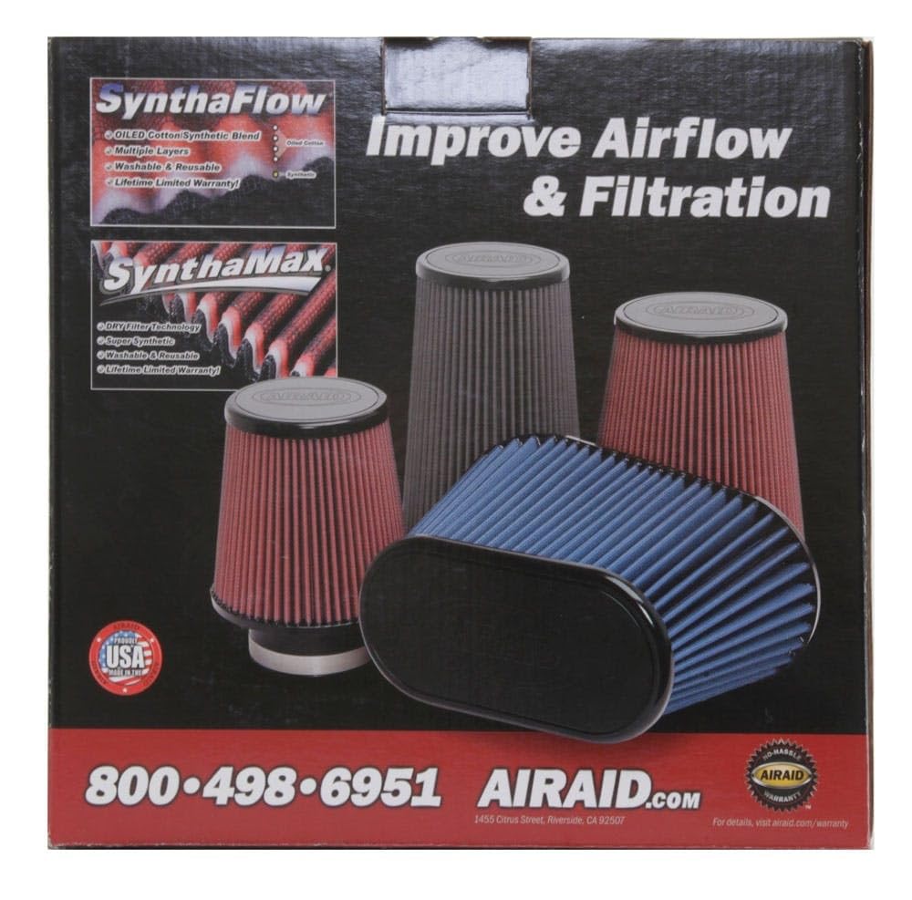 Universal Airaid Clamp-On Air Filter: Oval Tapered; 6 Inch (152 mm) Flange ID; 9 Inch (229 mm) Height; 10.75 Inch x 7.75 Inch (273 mm x 197 mm) Base; 7.25 Inch x 4.25 Inch (184 mm x108 mm) Top