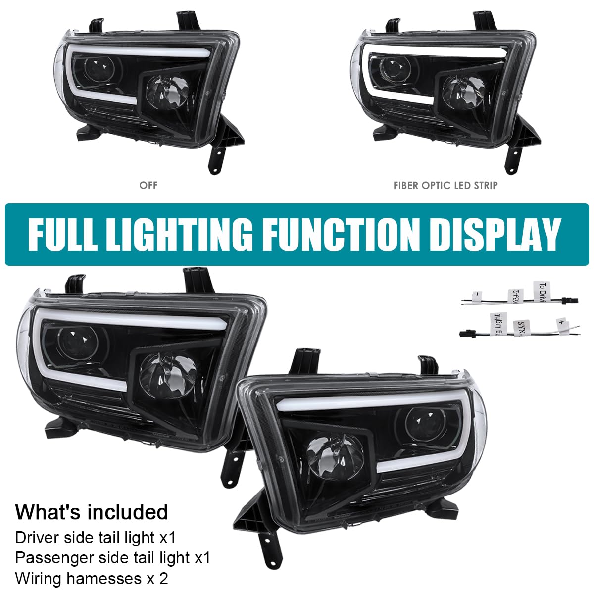Jet Black SPEC-D TUNING Projector Headlights w/LED Light Bar Compatible with 2007-2013 Toyota Tundra, 2008-2017 Toyota Sequoia, Left + Right Pair Headlamps Assembly