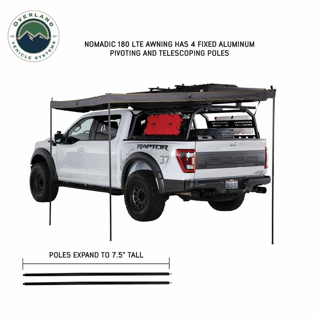 Overland Vehicle Systems Nomadic HD 180 LTE Dark Grey Awning with Black Travel Cover | 280G Poly Cotton Ripstop Material | 59 Sq Ft of Coverage | Easy Installation