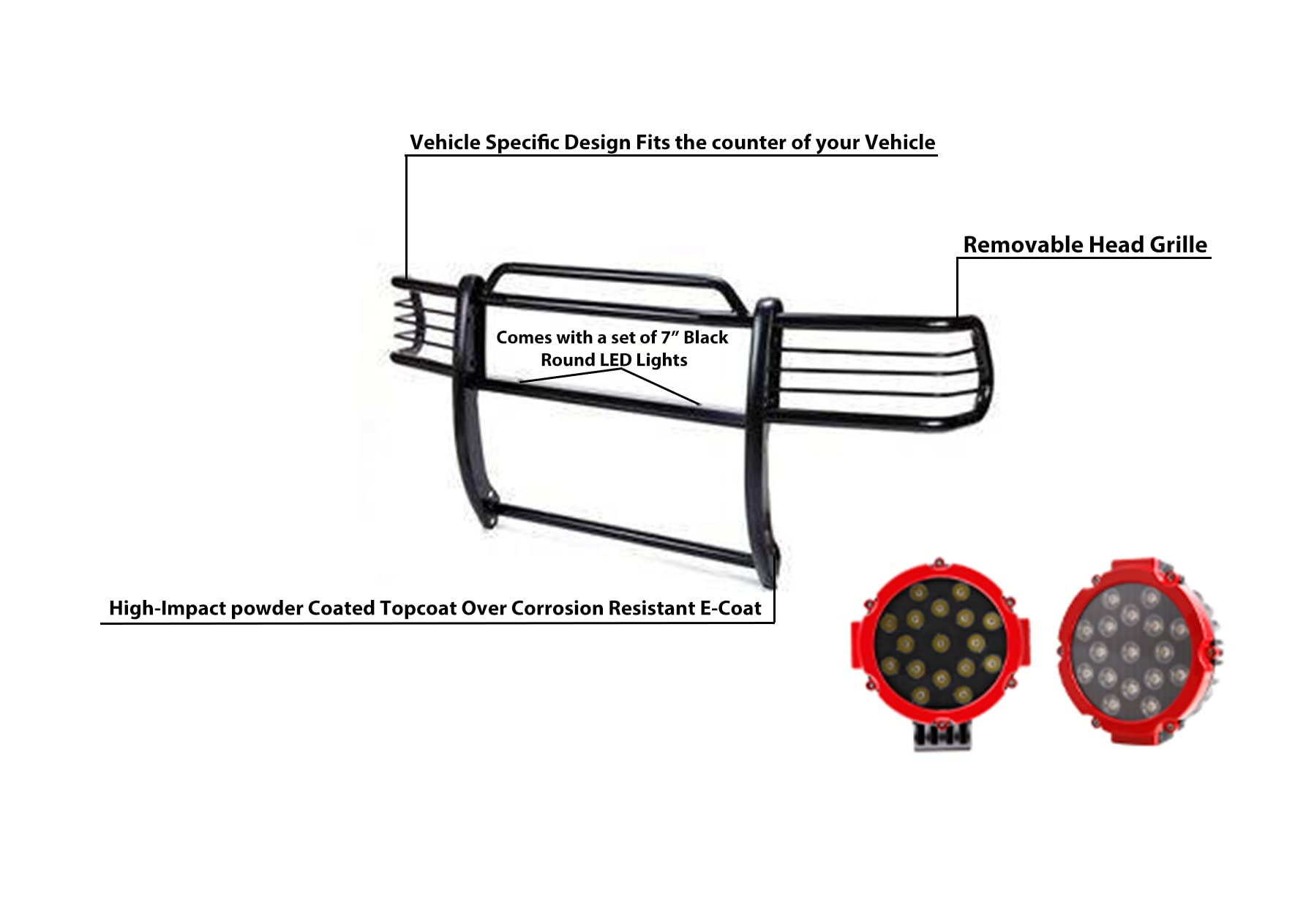 Bumper Guard Black Horse Grille brush Modular Come With pair of 7.0"Dia.LED Lights with Red Trim Rings Compatible with 1997-2004 Dodge Dakota|2000-2003 Dodge Durango-17BH23MA-PLR