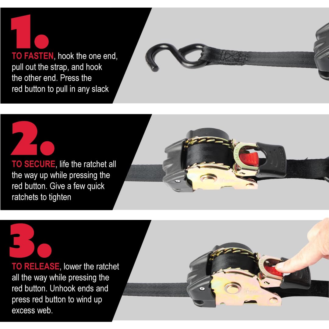 Pro Series Erickson 1in x 6ft Black Retractable Ratcheting Tie-Down Straps, 1500 lb Load Capacity, Pack of 2