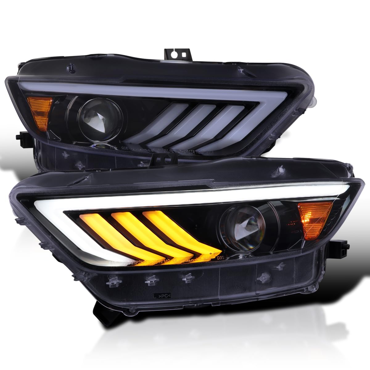 Glossy Black Smoke SPEC-D TUNING Projector Headlights w/Sequential LED Turn Signal Compatible with 2015-2017 Ford Mustang Coupes w/HID/Xenon, Left + Right Headlamp Assembly