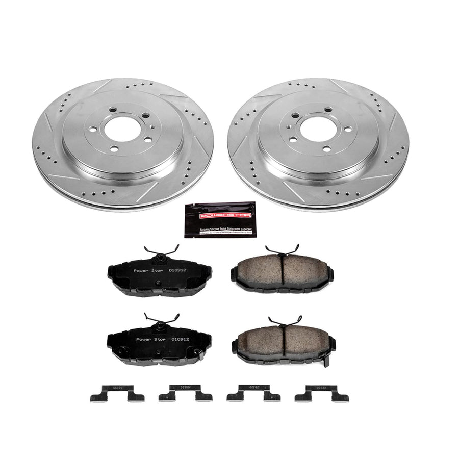 Power Stop K6402 Z23 Carbon Fiber Brake Pads Rear with Drilled & Slotted Brake Rotors Kit For Ford Mustang 2013-2014 [Model Specific]