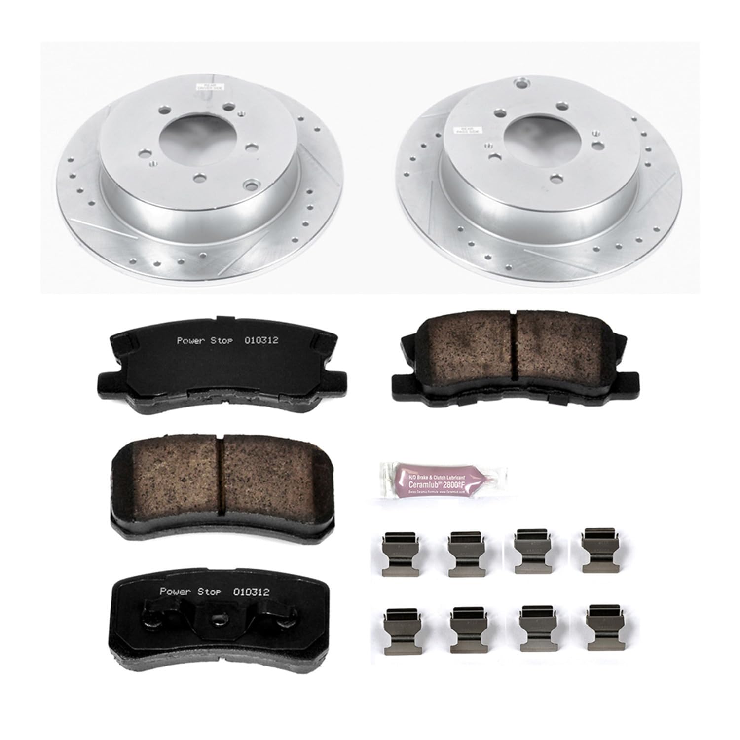 Rear Power Stop K5499 Z23 Carbon Fiber Brake Pads with Drilled & Slotted Brake Rotors Kit For Mitsubishi Lancer 2009-2015, Mitsubishi Outlander 2007-2013 [Model Specific]