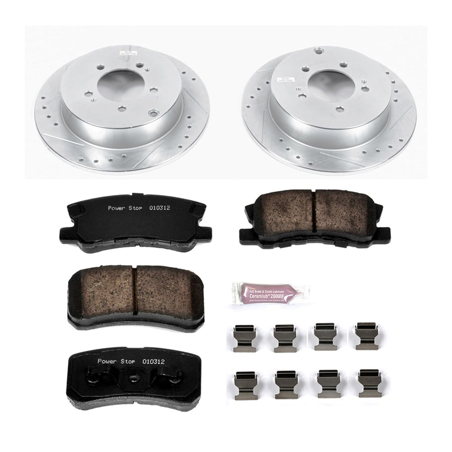 Rear Power Stop K5499 Z23 Carbon Fiber Brake Pads with Drilled & Slotted Brake Rotors Kit For Mitsubishi Lancer 2009-2015, Mitsubishi Outlander 2007-2013 [Model Specific]