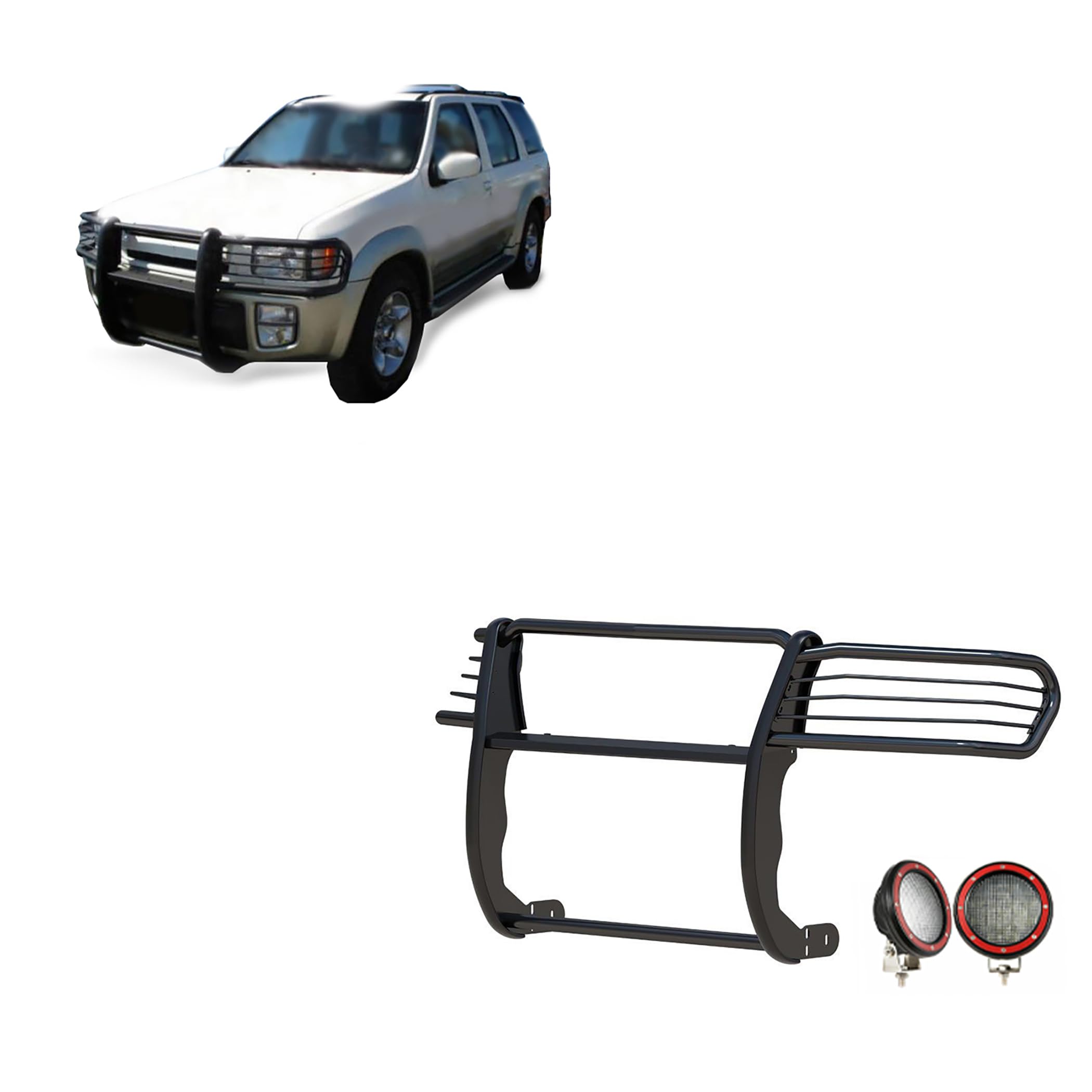 Grille Brush Black Horse Bumper Guard Modular Come with Pair of 5.3" Dia.LED Lights with Red Trim Rings Compatible with 1997-2003 Infiniti QX4|1996-2004 Nissan Pathfinder-17NE23MA-PLFR