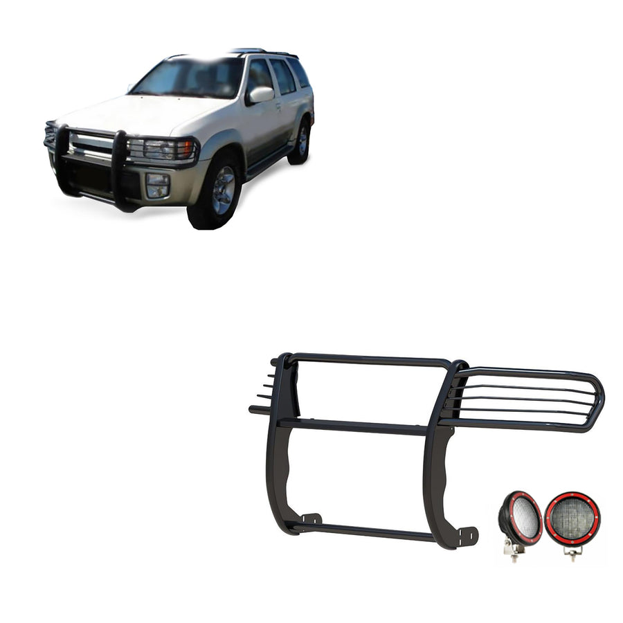 Grille Brush Black Horse Bumper Guard Modular Come with Pair of 5.3" Dia.LED Lights with Red Trim Rings Compatible with 1997-2003 Infiniti QX4|1996-2004 Nissan Pathfinder-17NE23MA-PLFR